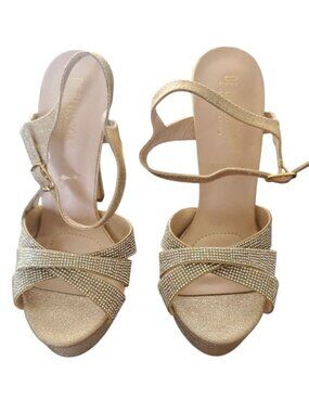 De Blossom Womens Rhinestone Gold Glitter Platform Heels Champagne Size 8